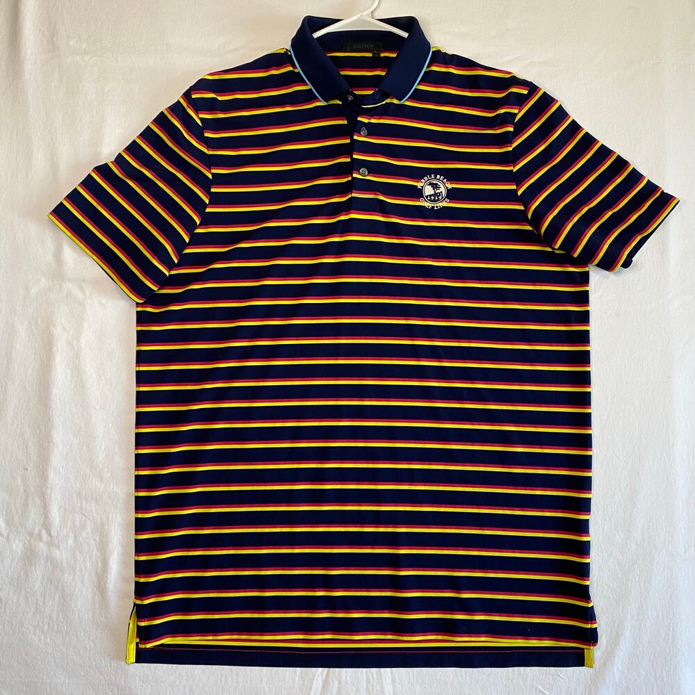 Greyson Men's L Navy Striped Pebble Beach Golf Links Polo Athleisure Performance